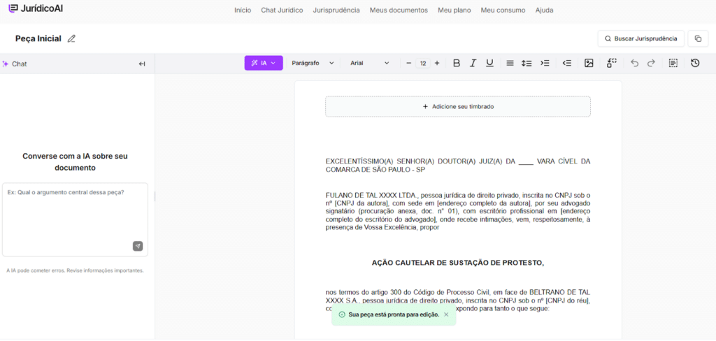 Modelo de Ação Cautelar de Sustação de Protesto finalizada.
