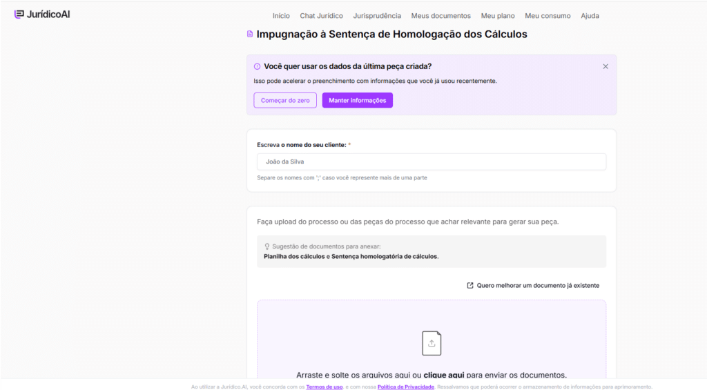 Preenchimento das informações para criar o modelo de Impugnação à Sentença de Homologação dos Cálculos