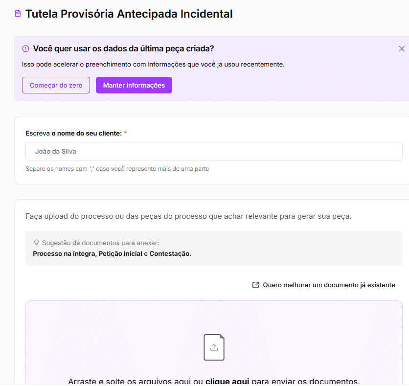Informações para a IA da Jurídico AI criar o modelo de Tutela Provisória Antecipada Incidental