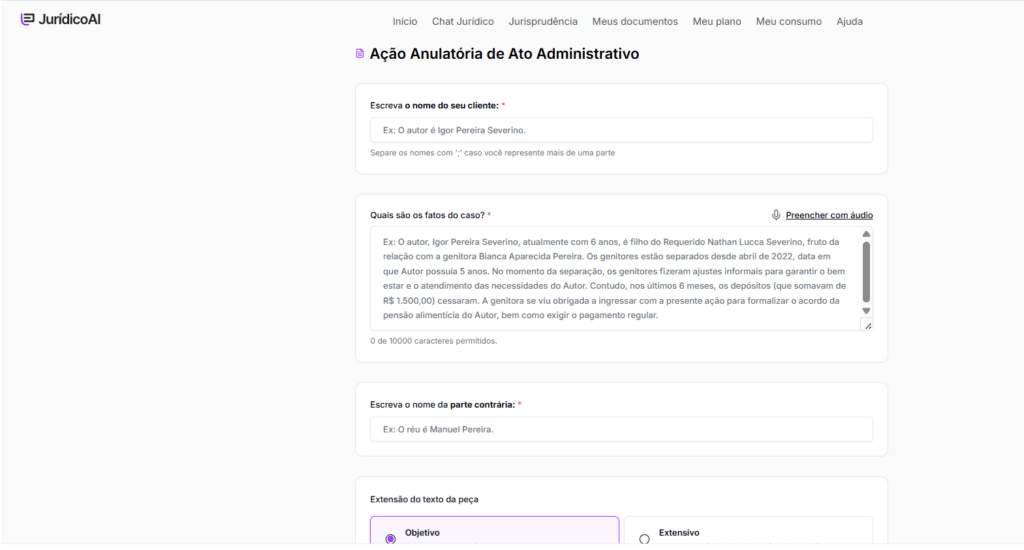 Informações para criar o modelo de Ação Anulatória de Ato Administrativo
