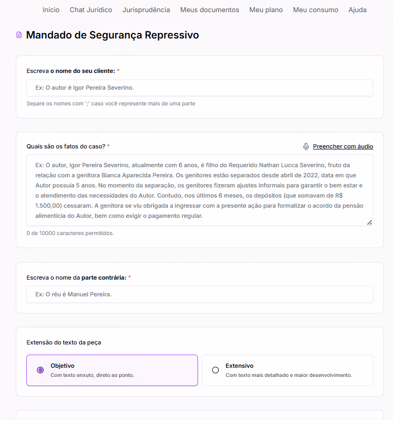 Informações para cria o Modelo de Mandado de Segurança Administrativo Repressivo
