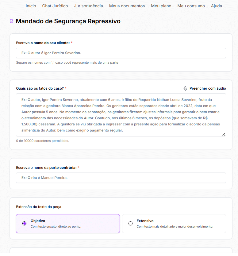 Informações para cria o Modelo de Mandado de Segurança Administrativo Repressivo
