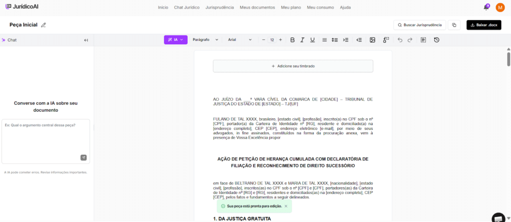 Modelo de Ação de Petição de Herança finalizado.