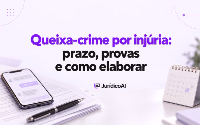 Capa sobre queixa-crime por injúria, com celular exibindo mensagens, documentos, caneta e calendário.