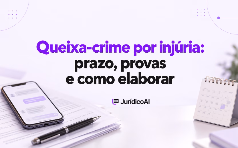 Capa sobre queixa-crime por injúria, com celular exibindo mensagens, documentos, caneta e calendário.