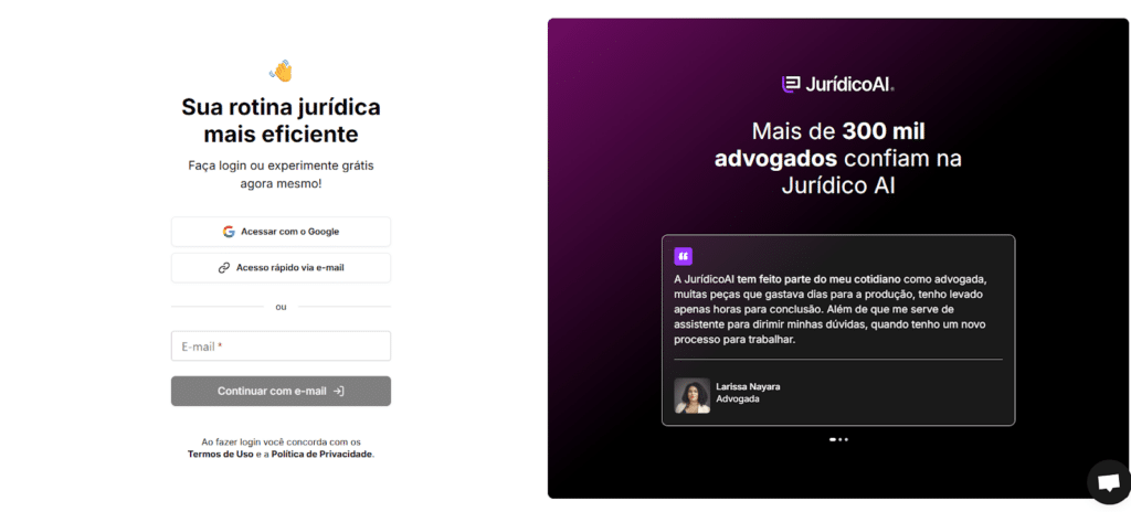 Tela de cadastro da Jurídico AI