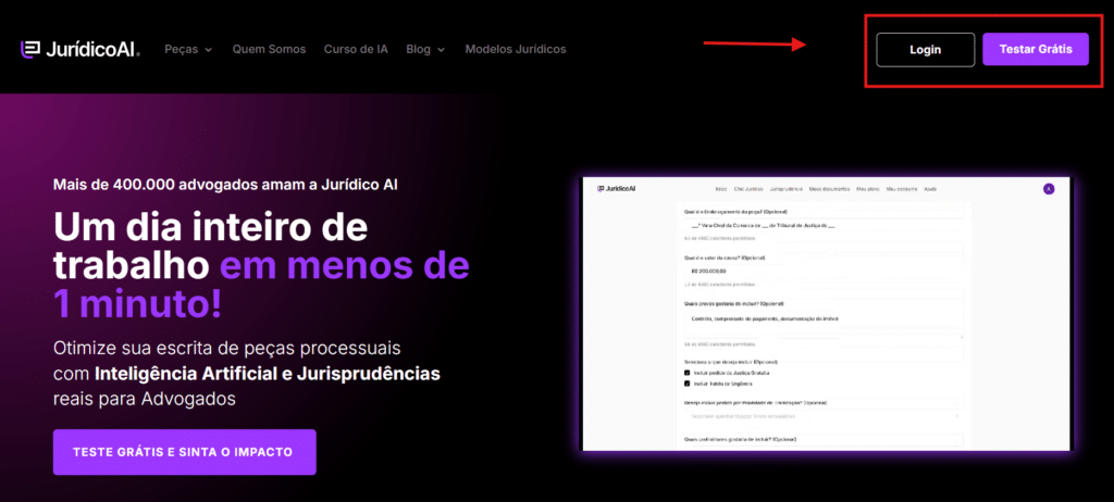 Tela da home da Jurídico AI

