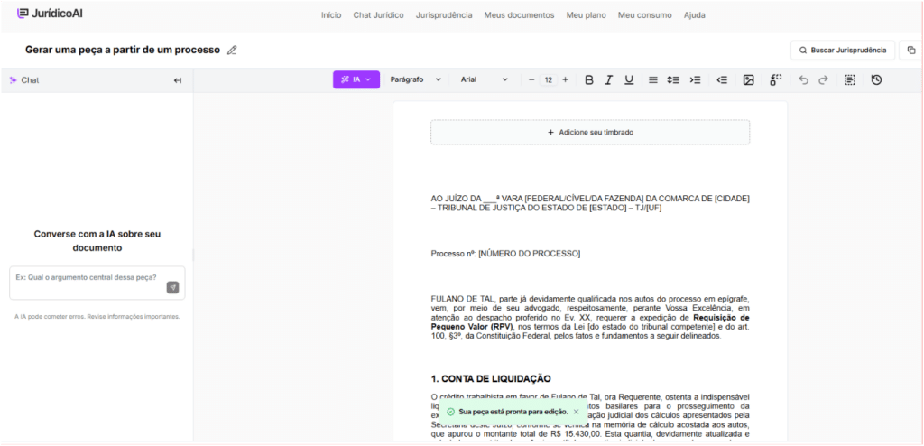 modelo de Pedido de Expedição de Requisição de Pequeno Valor finalizado.
