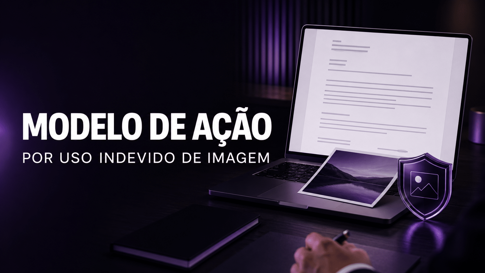 Modelo de ação por uso indevido de imagem Capa de modelo de ação por uso indevido de imagem com notebook exibindo uma petição