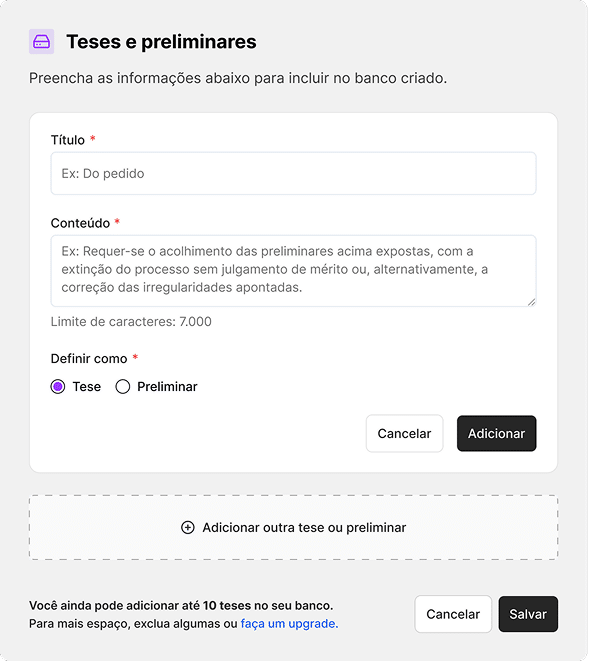 Formulário de cadastro de tese na Jurídico AI, com título, conteúdo e a escolha entre tese e preliminar