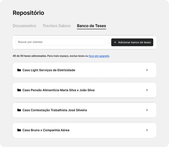 Tela do Repositório da Jurídico AI, na aba Banco de Teses, com os bancos salvos por caso