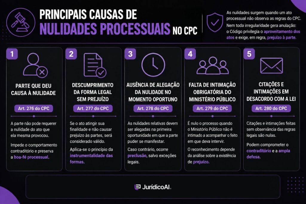 Quais as principais causas de Nulidades Processuais no CPC?