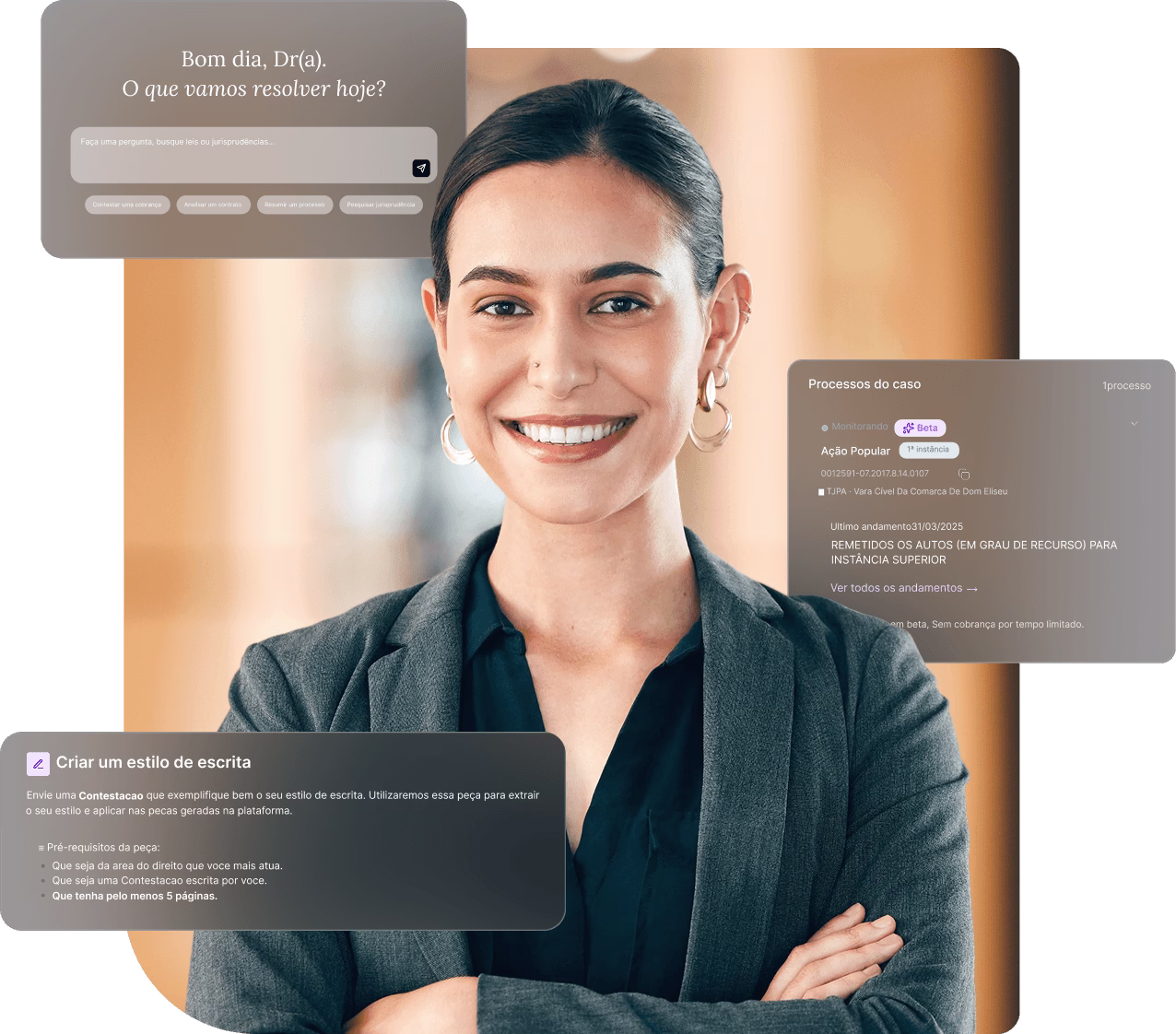 Advogada usando a Jurídico AI, com cartões da plataforma