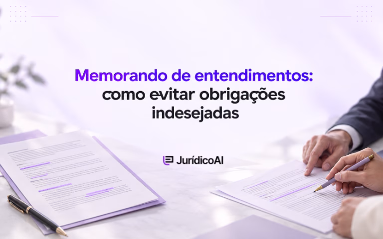 Capa sobre memorando de entendimentos, com documentos destacados em roxo e mãos revisando cláusulas.