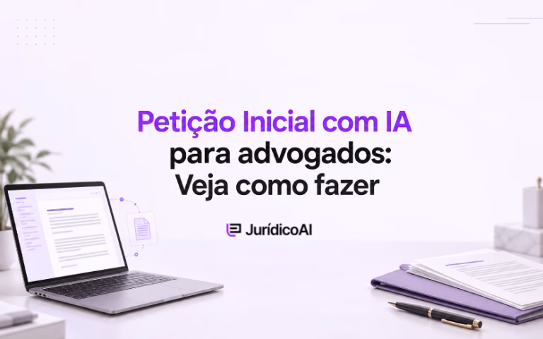 Capa sobre petição inicial com IA para advogados, com notebook exibindo um documento e pasta com papéis ao lado.