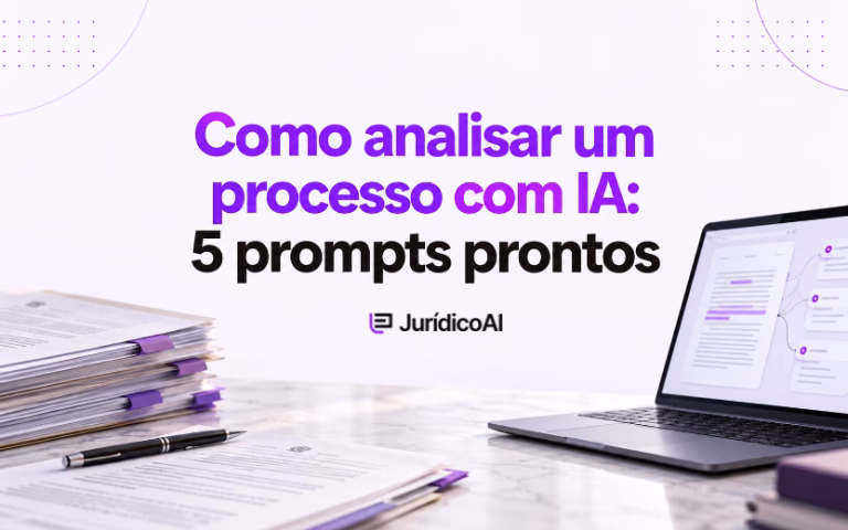 Capa sobre como analisar um processo com IA, com documentos organizados e notebook exibindo uma análise documental.