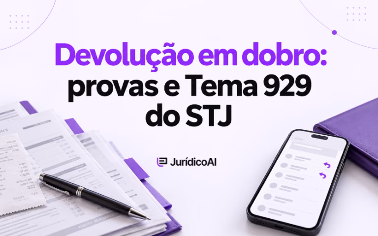Capa sobre devolução em dobro e Tema 929 do STJ, com comprovantes de pagamento, caneta e celular com símbolos de estorno.