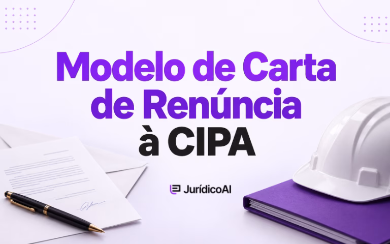 Capa sobre modelo de carta de renúncia à CIPA, com carta assinada, caneta e capacete de segurança sobre uma pasta roxa.