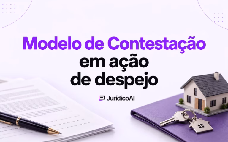 Capa sobre modelo de contestação em ação de despejo, com documentos, caneta, miniatura de casa e chaves.