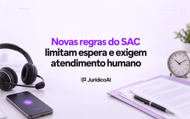 Capa sobre as novas regras do SAC, com headset, celular, relógio e documentos nas laterais.