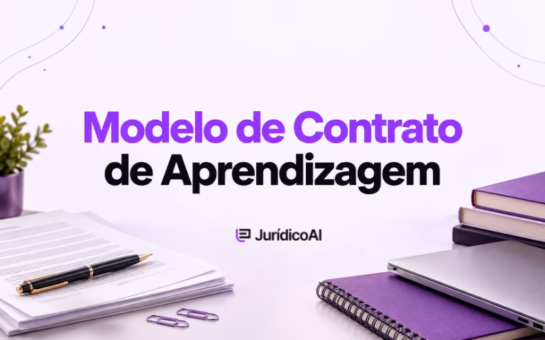 Capa sobre modelo de contrato de aprendizagem, com documentos, caneta, caderno, livros e notebook.