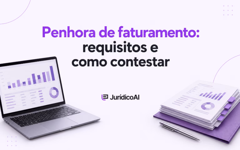 Notebook com gráficos e documentos financeiros ilustram a penhora de faturamento e sua contestação.