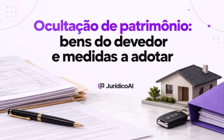 Capa sobre ocultação de patrimônio, com documentos, caneta, miniatura de imóvel, chave de veículo e pasta roxa.
