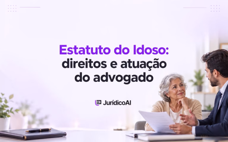 Capa sobre o Estatuto do Idoso, com advogado orientando uma mulher idosa e analisando um documento.