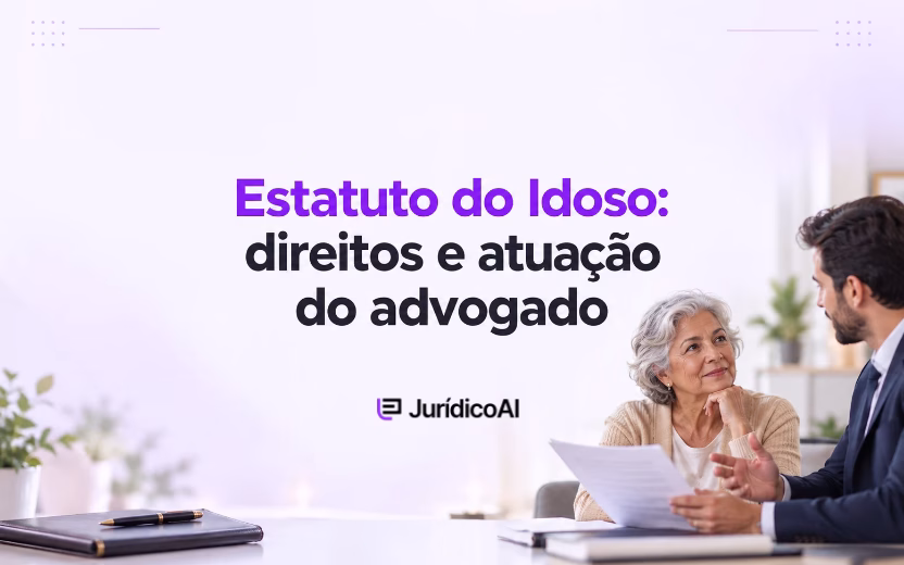 Capa sobre o Estatuto do Idoso, com advogado orientando uma mulher idosa e analisando um documento.