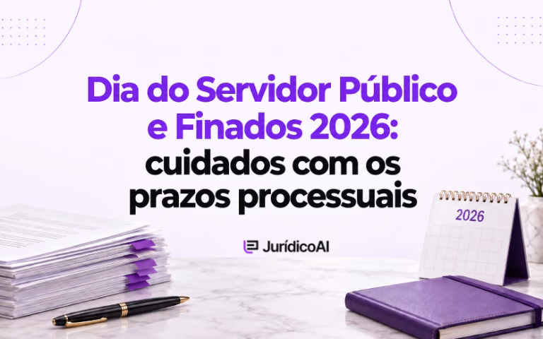 Capa sobre Dia do Servidor Público e Finados 2026, com calendário, agenda roxa e documentos processuais.