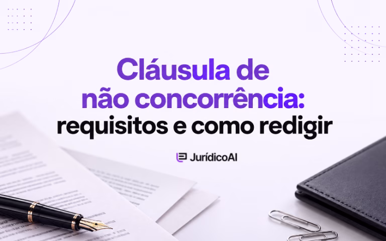 Capa sobre cláusula de não concorrência, com documentos contratuais, caneta e pasta sobre fundo claro.